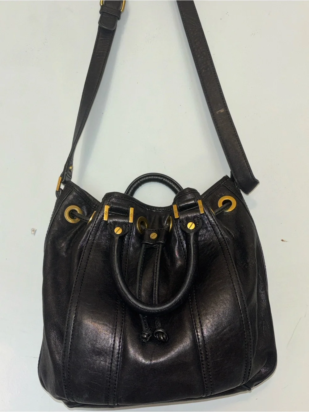 Tory Burch Black Leather Messenger with Gold Hardware